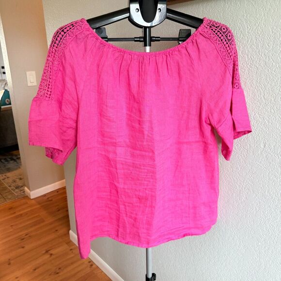 Terzo Millennio 100% Linen Cottage Core Barbie Pink Crochet Trim Italian Made S - Picture 2 of 6